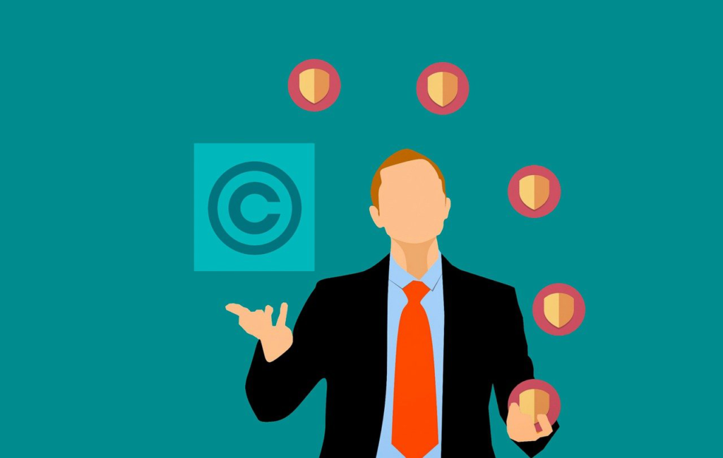 A Computer-generated Image Featuring the Copyright Sign Beside a Man Holding a Shield
